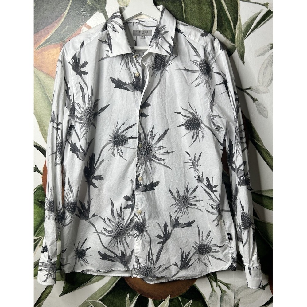 Ted Baker Mens Size 5 US XL Gray Floral Button Down Long Sleeve Shirt Cotton